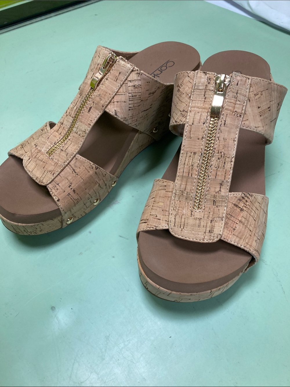 Cork-Textured Wedge Sandals with Gold Zip - Women